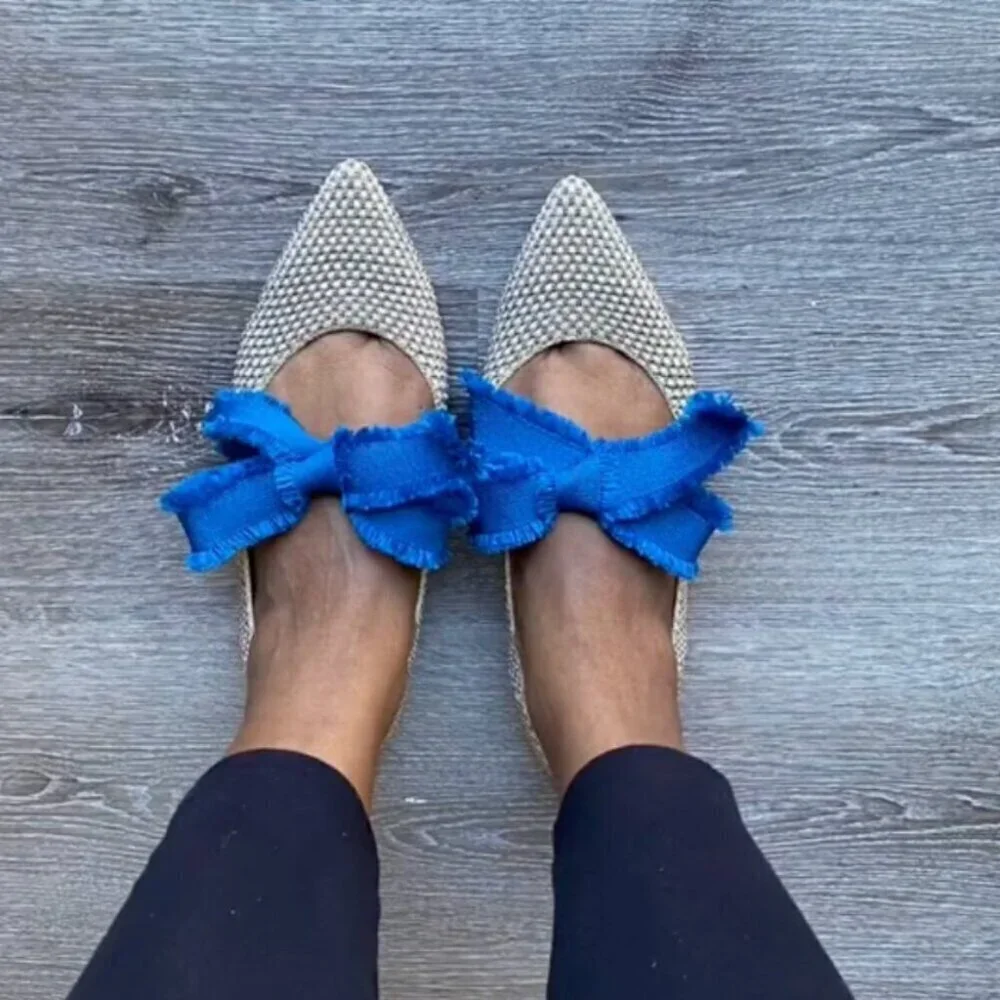 Rothy's Multi Metallic Mary Jane Flats Blue Ribbon Bow Ballet Shoe Pointed Sz 7